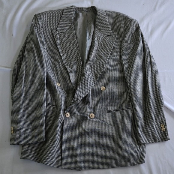 Vtg Ferrini 40R Blue Tweed Silk‎ Wool Double Breasted Mens Blazer Sport Coat